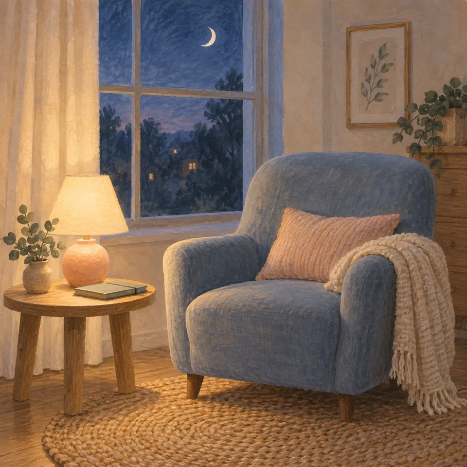 An illustrated reading chair and softly lit lamp beside a nursery window at dusk.